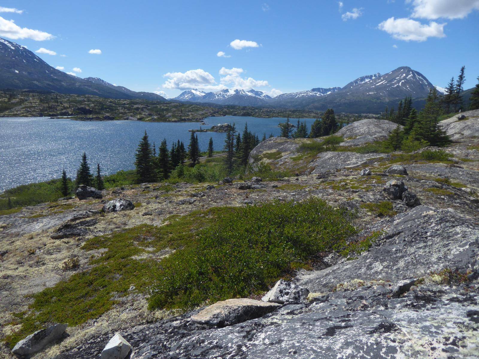 Rocky terrain and the view on a lake on the road to skagway