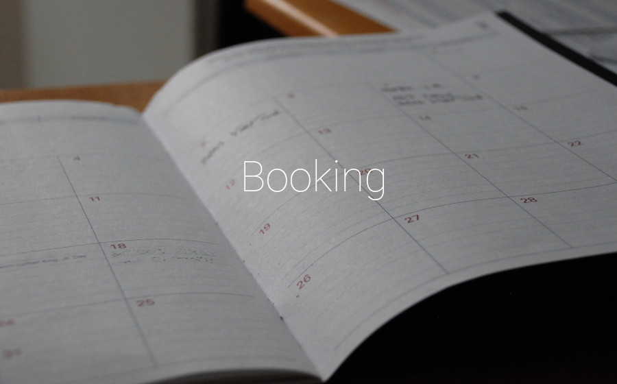 booking calendar with "booking" text overlay. Links to booking page.