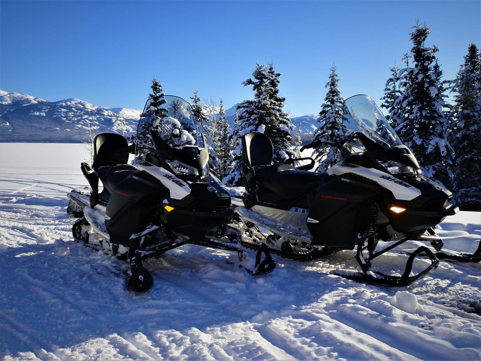 2 modern skidoos in the snowy forest with the frozen lake in the back