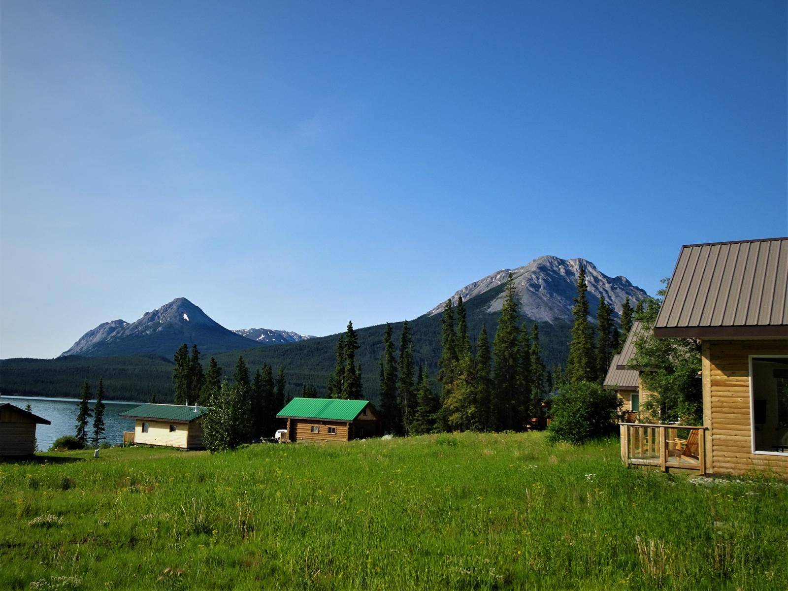 logcabins on meadow, mountains in background
