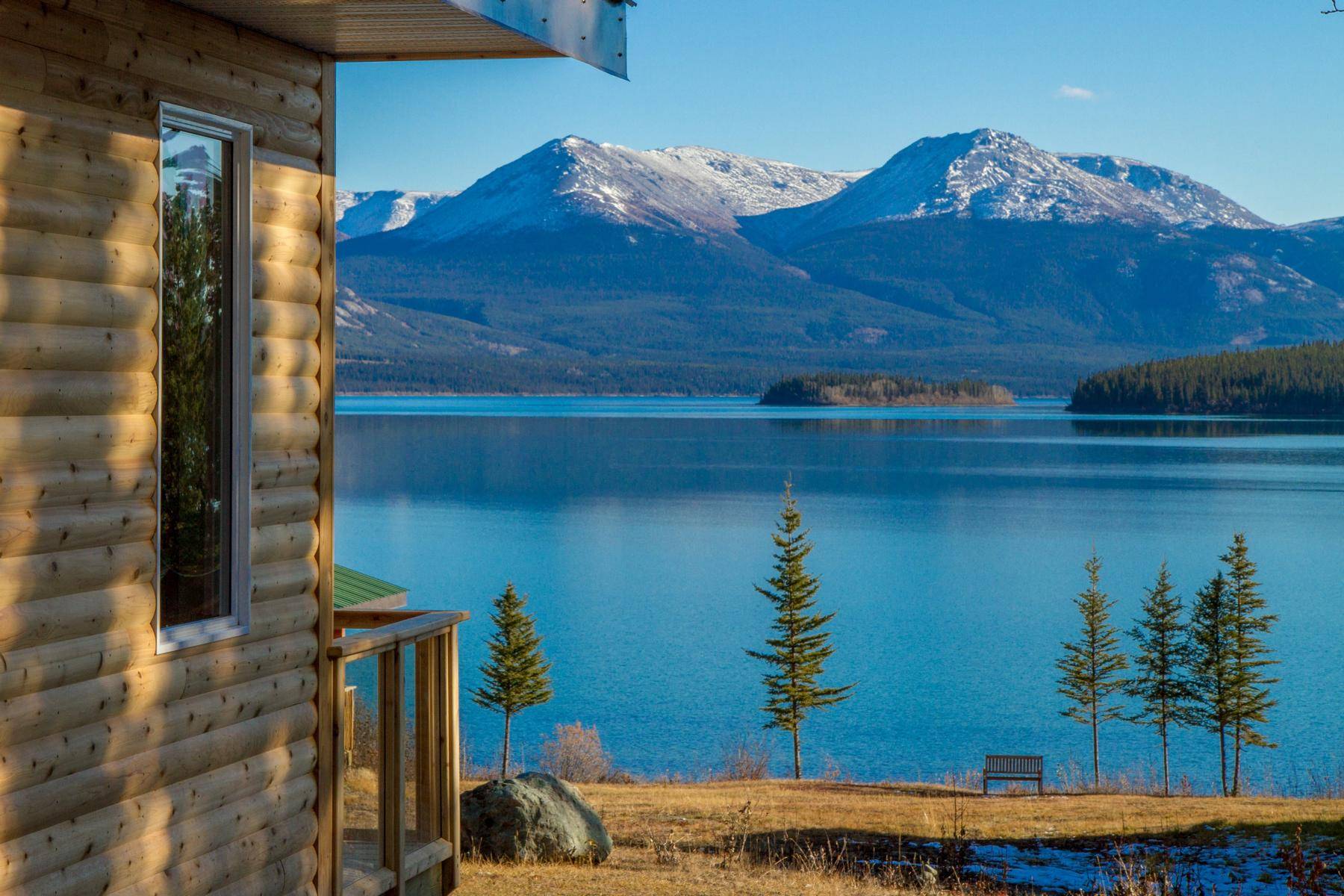 outside of a wooden cabin, view on blue lake and mountains