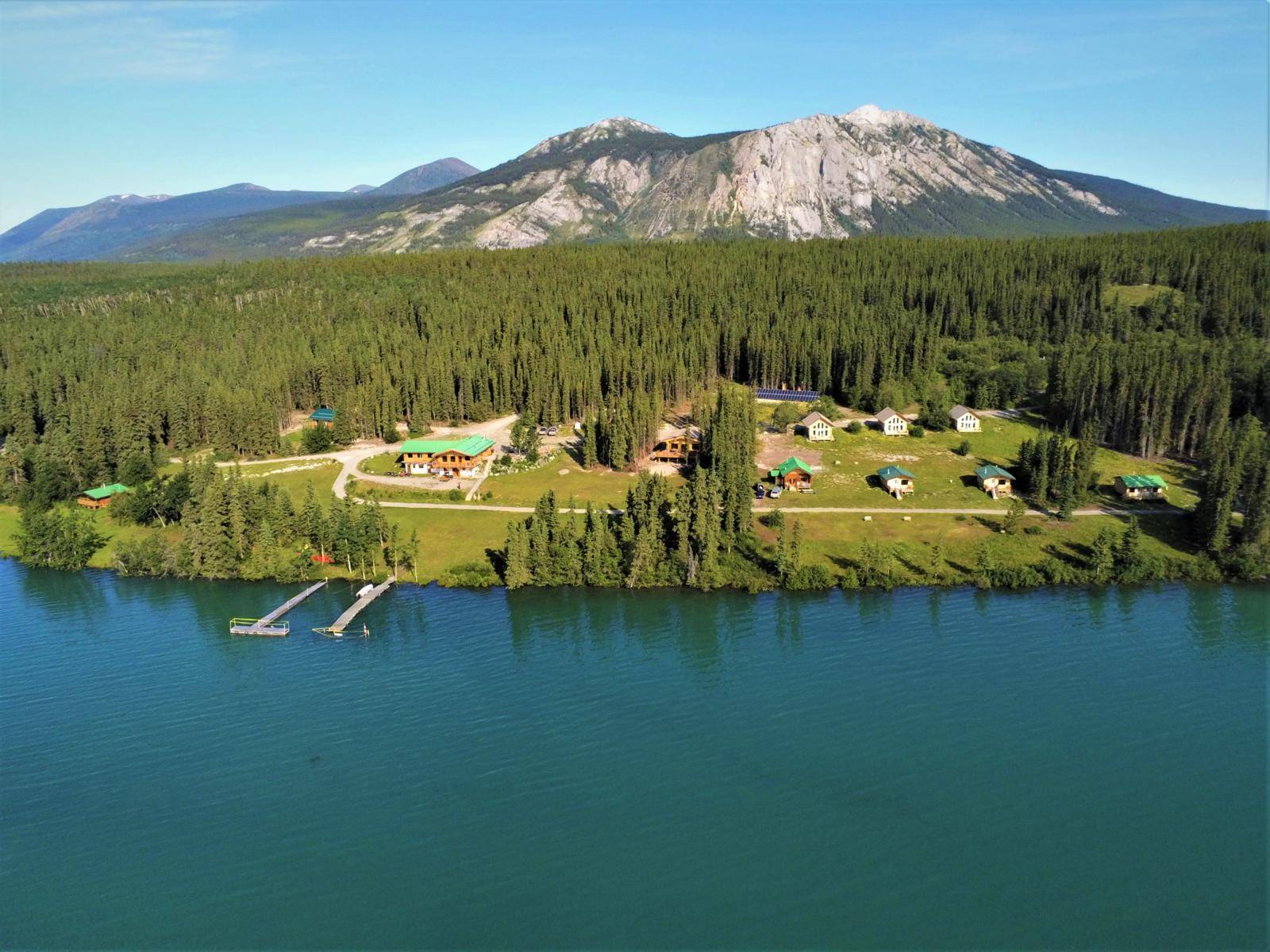 aerial view southern lakes resort and tagish lake