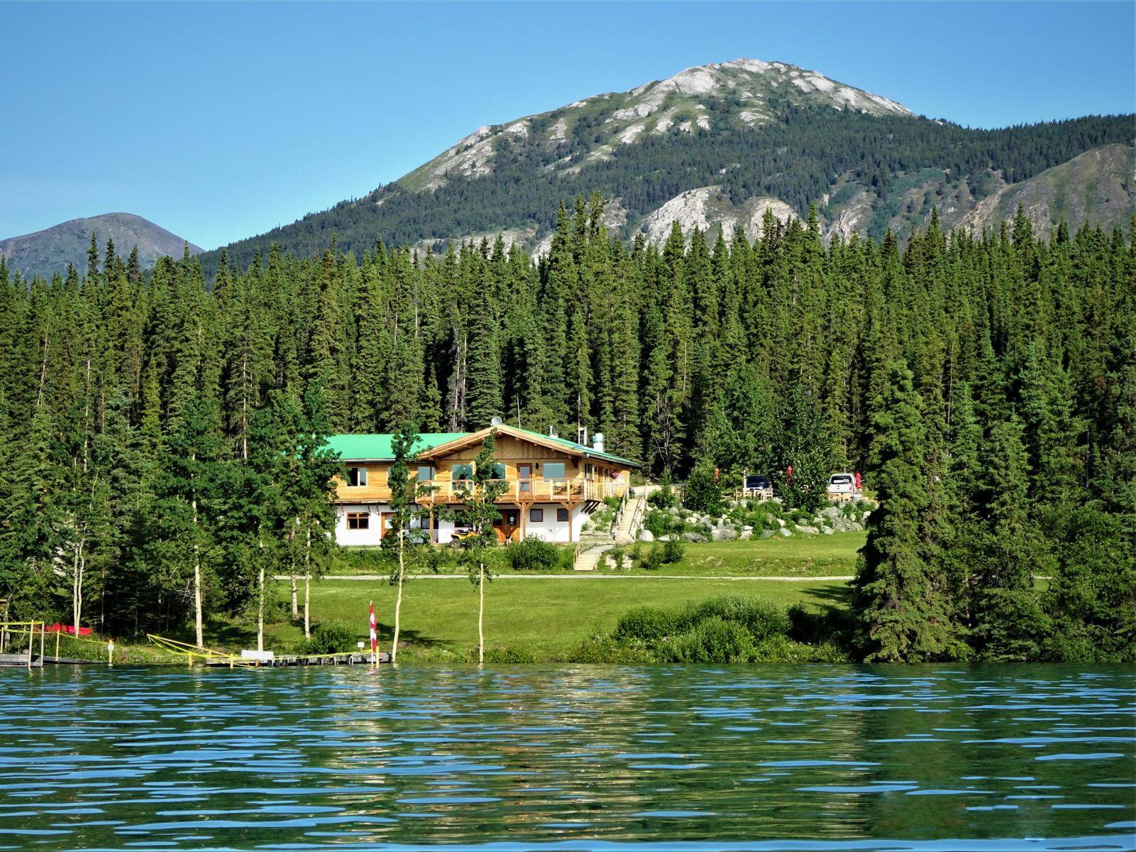 view from lake to restaurant
