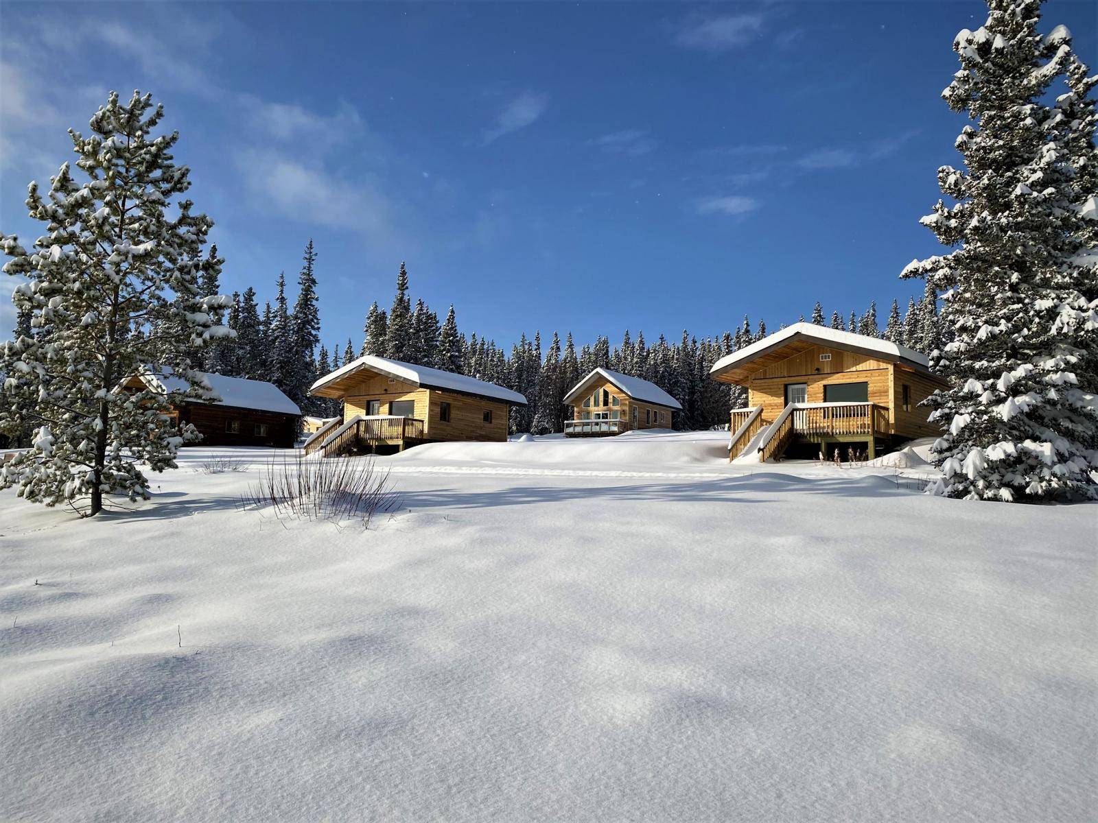 standard cabins and deluxe villas front in snow